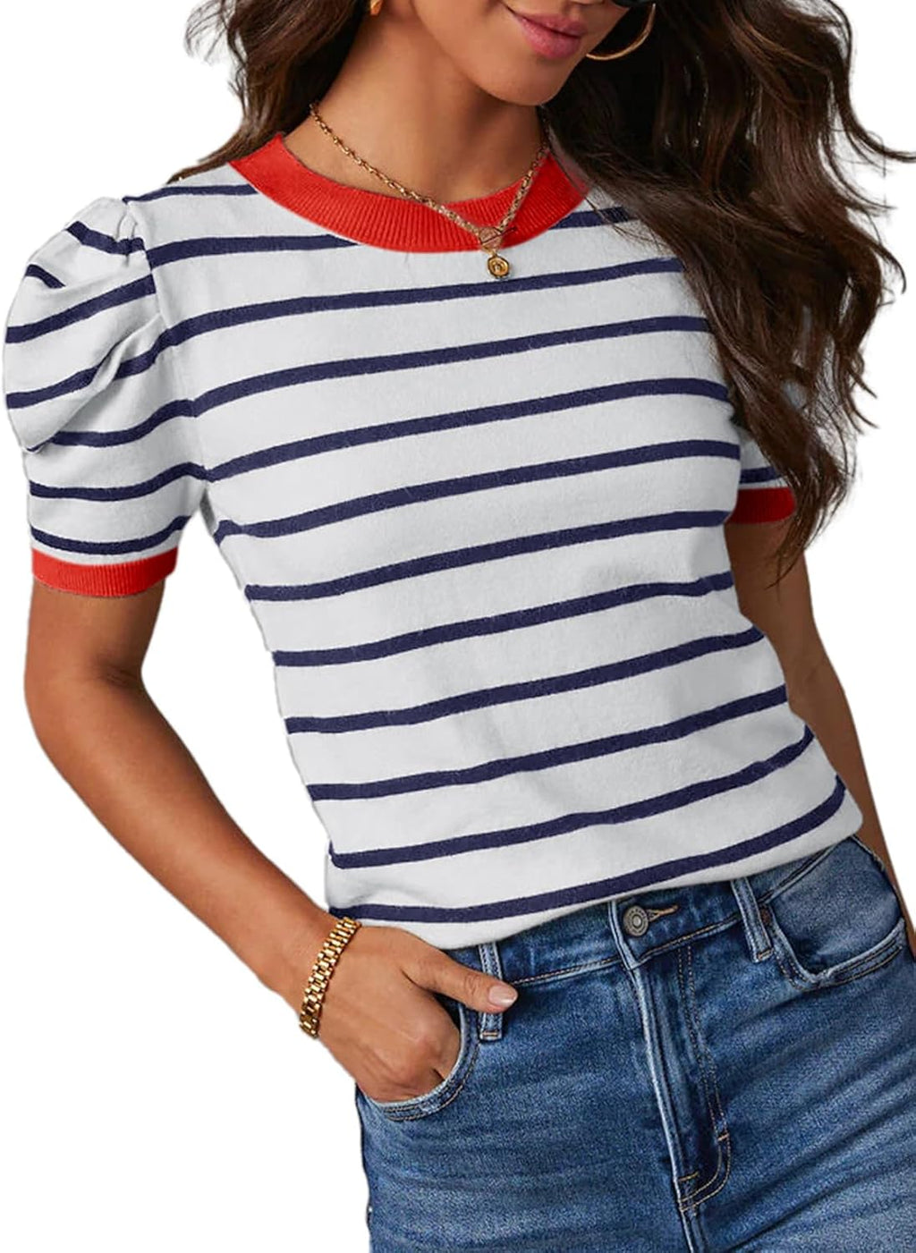Short-sleeved Knitted Top with Round Neck and Striped Design T-shirt