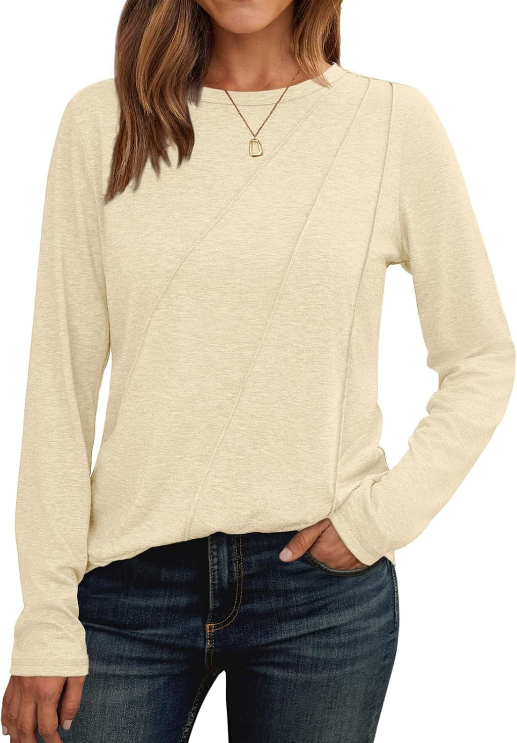 Lady's Pleated Long-sleeved Blouse - Loose-fitting Round-neck Casual Shirt