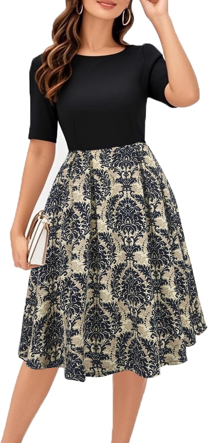 Women's Retro Patchwork Handbag Puff Skirt Casual Party Dress