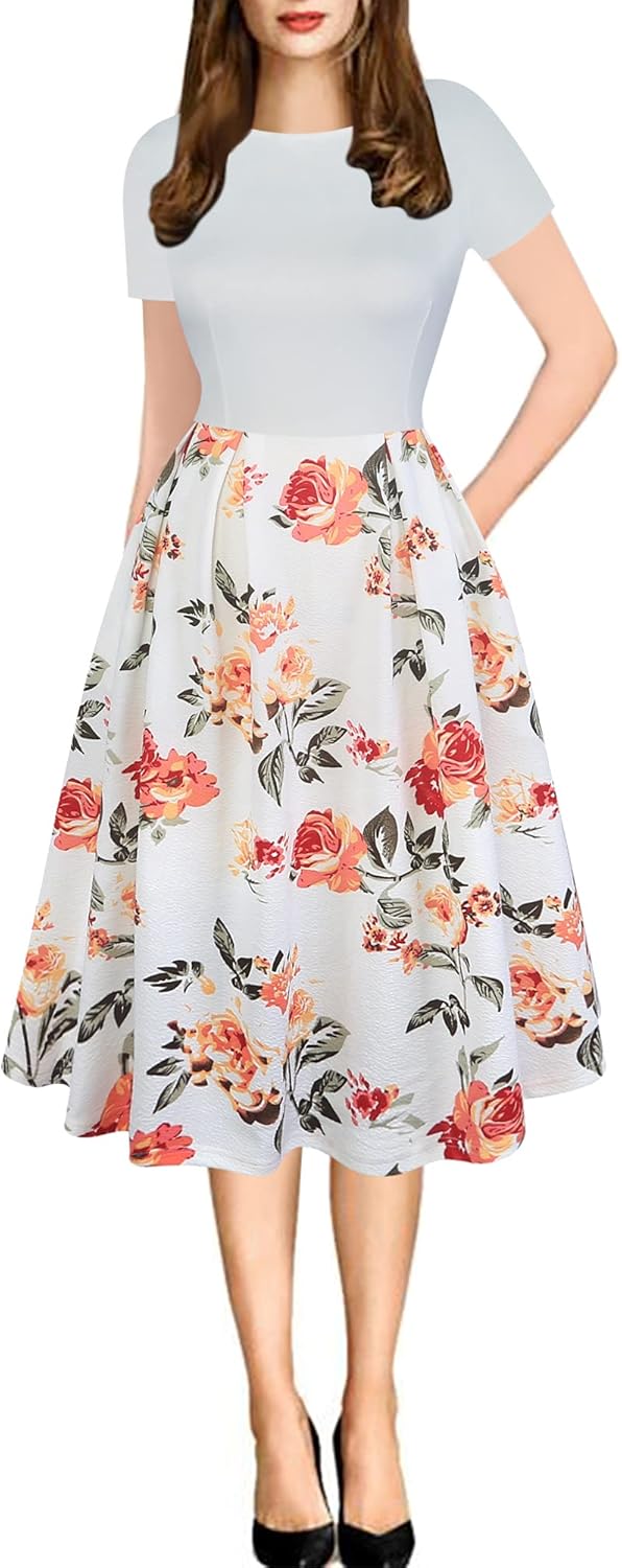 Women's Retro Patchwork Handbag Puff Skirt Casual Party Dress