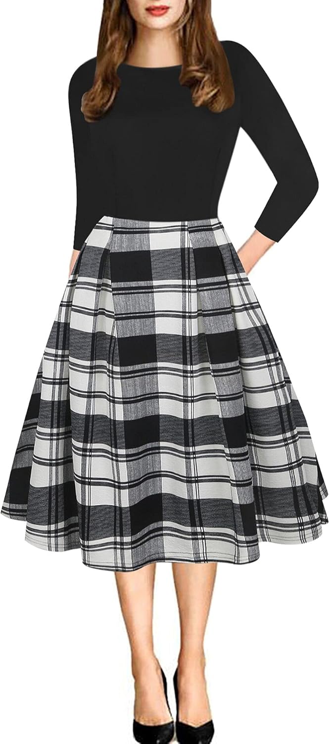 Women's Retro Patchwork Handbag Puff Skirt Casual Party Dress