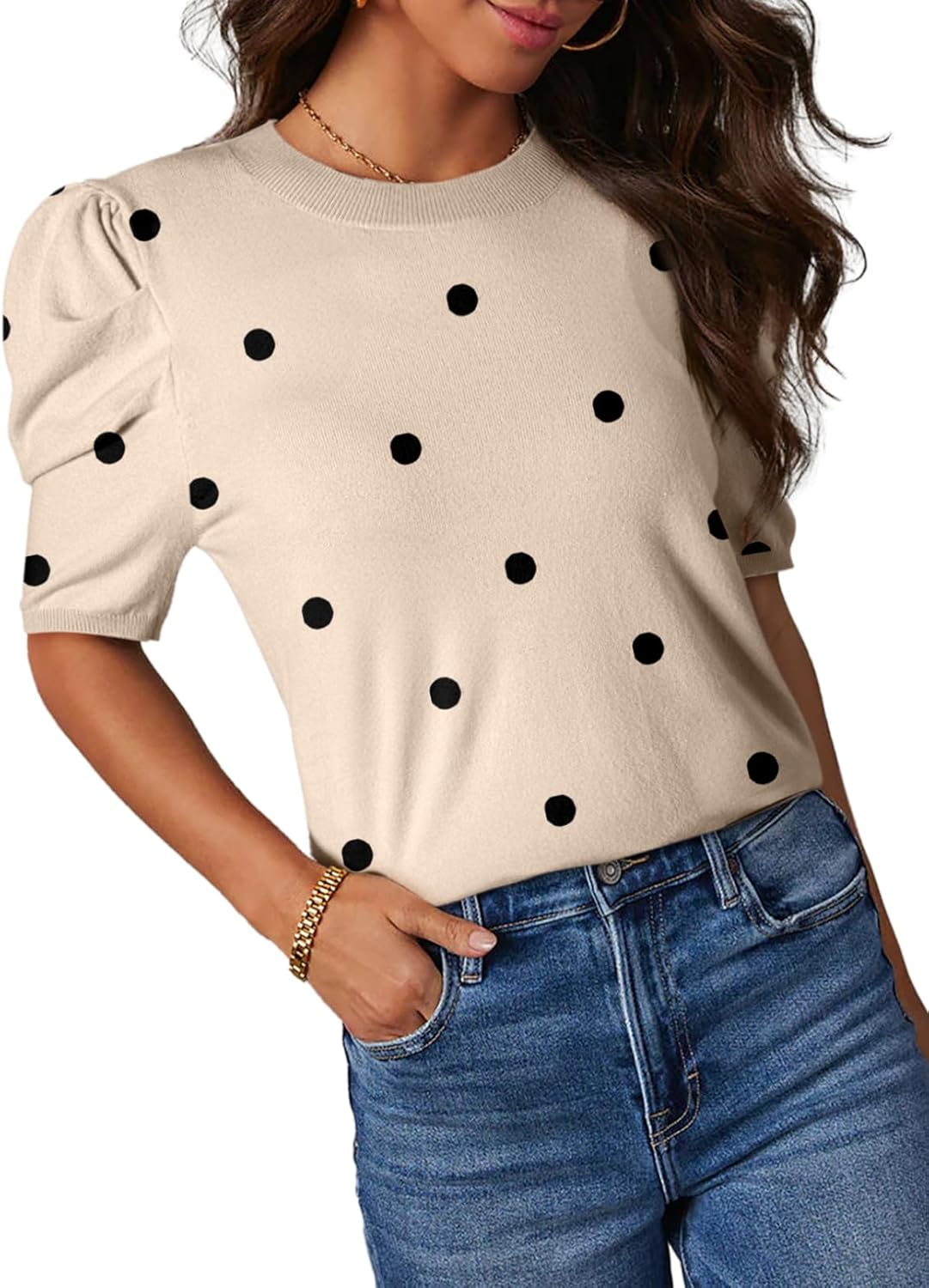 Short-sleeved Knitted Top with Round Neck and Striped Design T-shirt