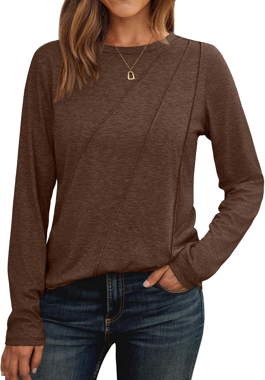 Lady's Pleated Long-sleeved Blouse - Loose-fitting Round-neck Casual Shirt