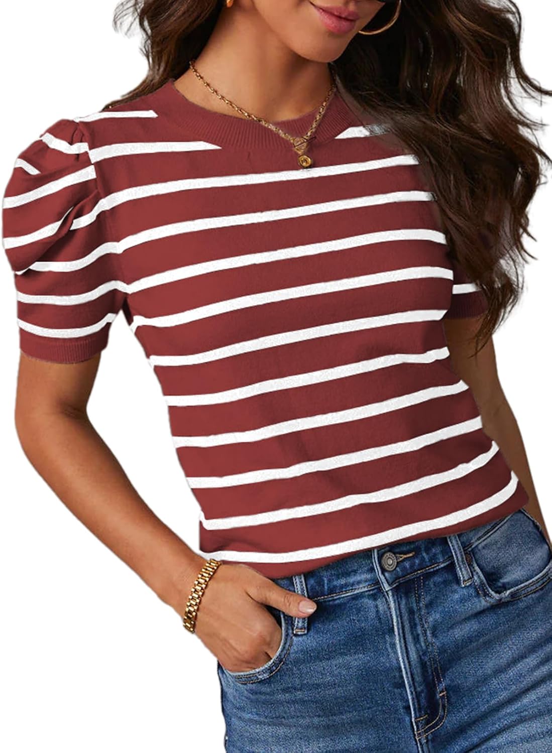 Short-sleeved Knitted Top with Round Neck and Striped Design T-shirt