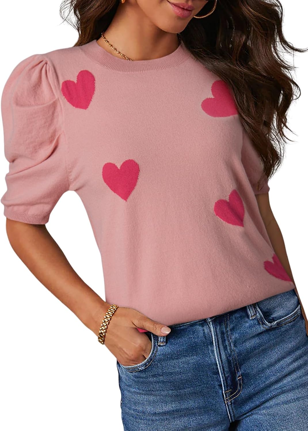 Short-sleeved Knitted Top with Round Neck and Striped Design T-shirt