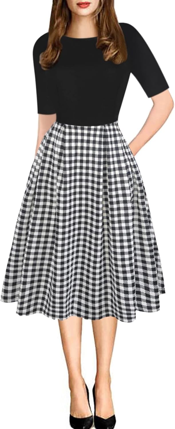 Women's Retro Patchwork Handbag Puff Skirt Casual Party Dress