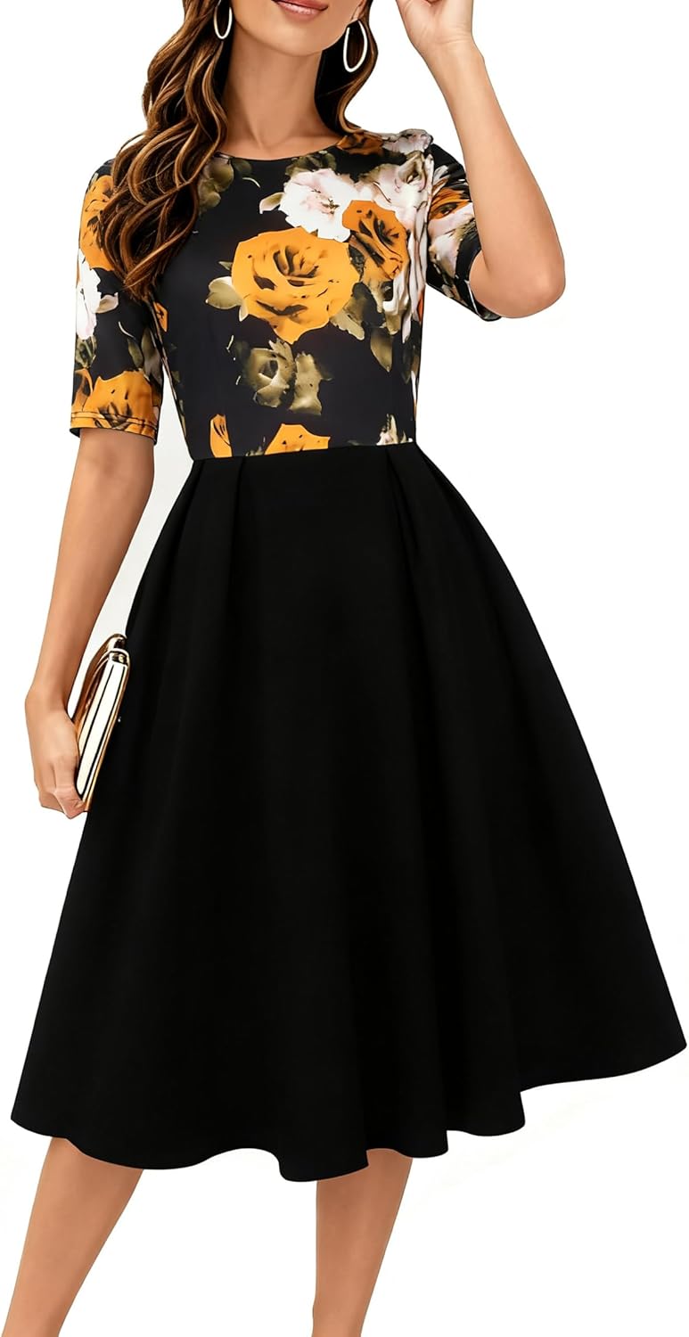 Women's Retro Patchwork Handbag Puff Skirt Casual Party Dress