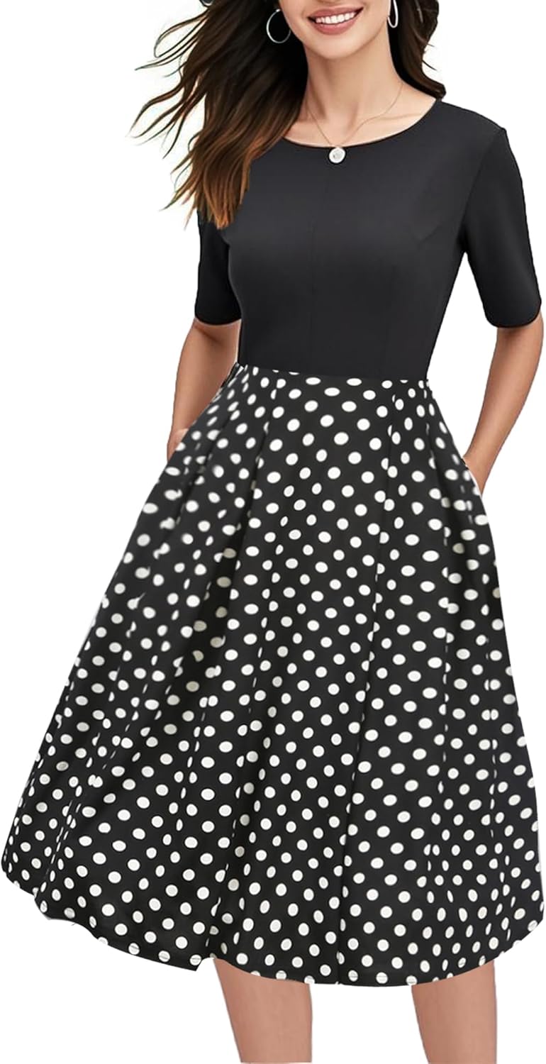 Women's Retro Patchwork Handbag Puff Skirt Casual Party Dress