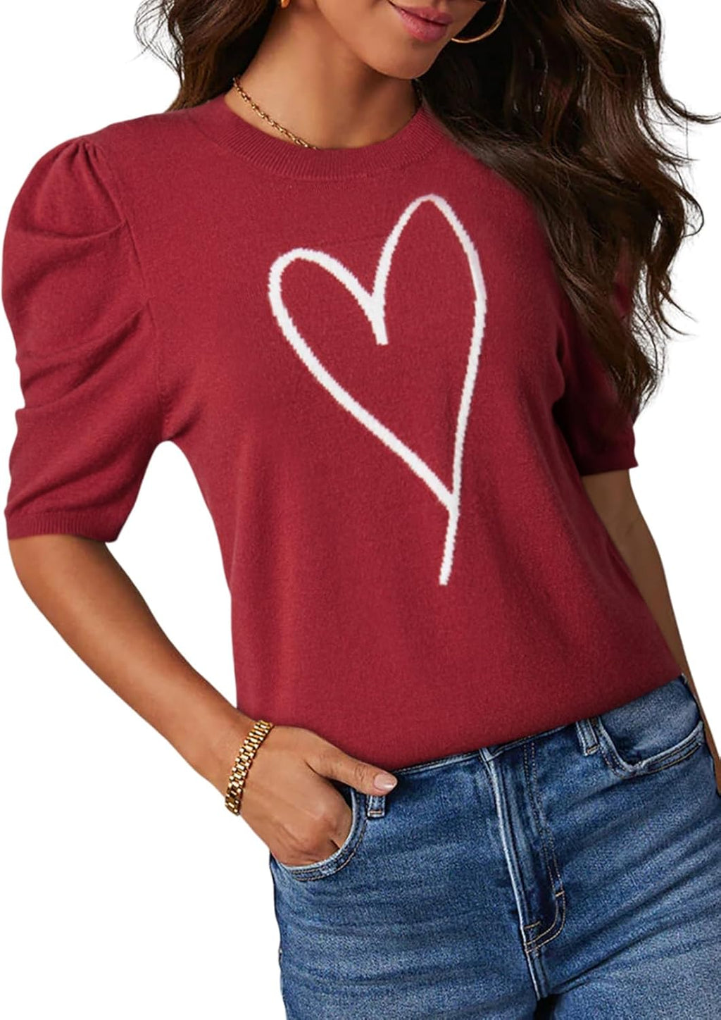 Short-sleeved Knitted Top with Round Neck and Striped Design T-shirt