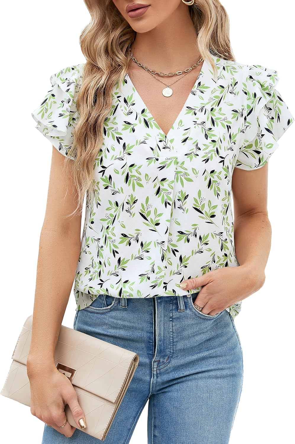 Lady's Elegant Casual Shirt - Short Sleeves V-neck Design