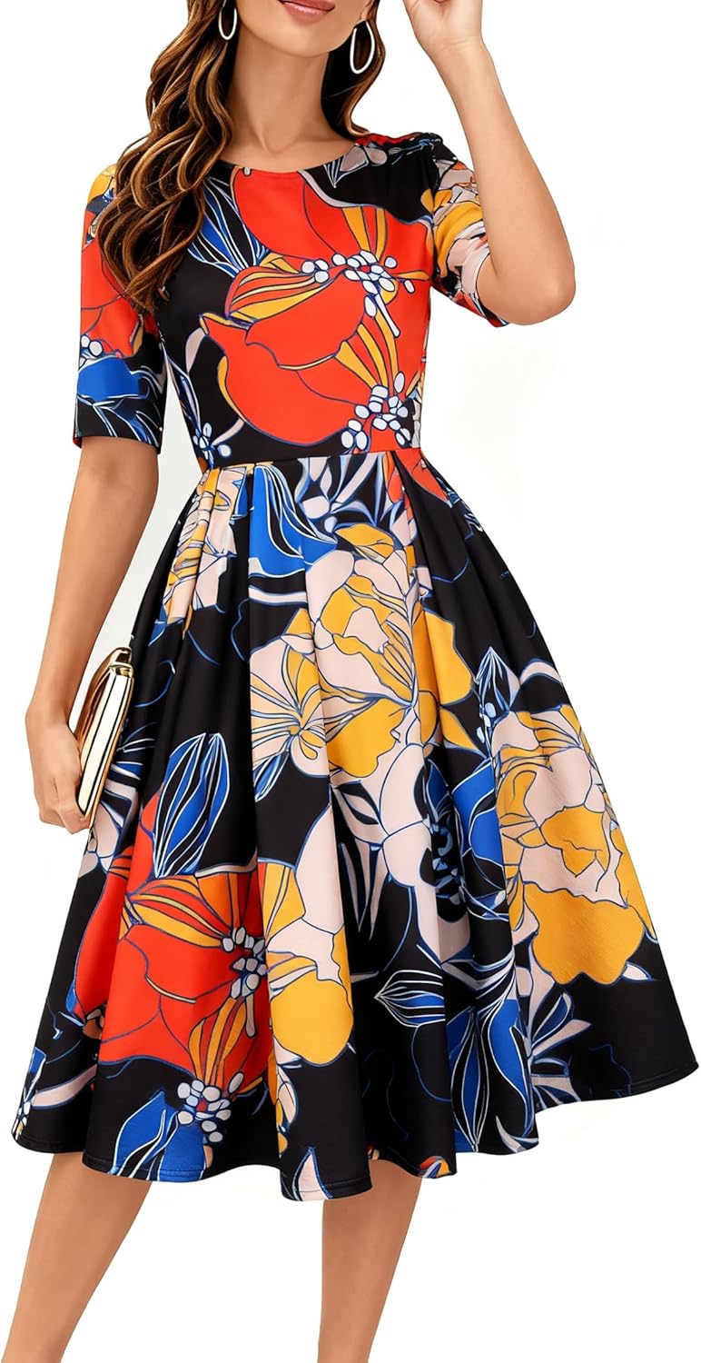Women's Retro Patchwork Handbag Puff Skirt Casual Party Dress