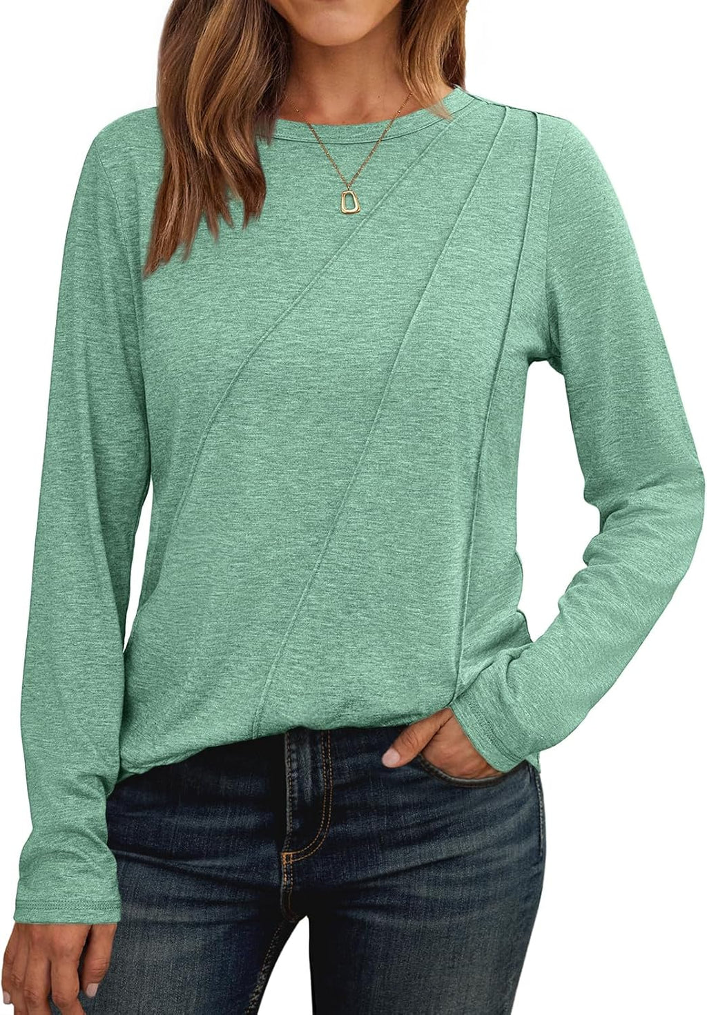 Lady's Pleated Long-sleeved Blouse - Loose-fitting Round-neck Casual Shirt