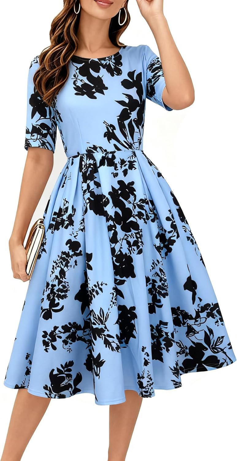 Women's Retro Patchwork Handbag Puff Skirt Casual Party Dress