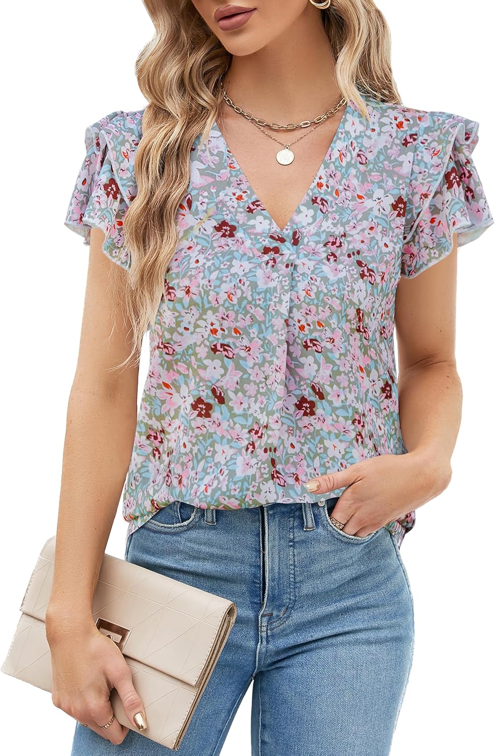 Lady's Elegant Casual Shirt - Short Sleeves V-neck Design