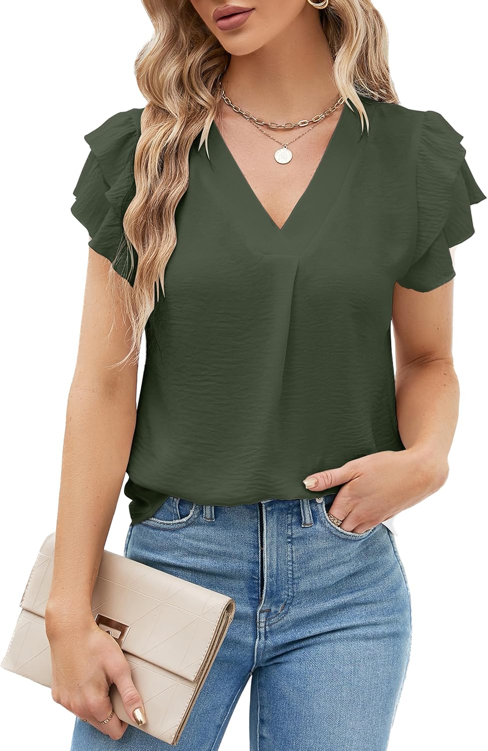 Lady's Elegant Casual Shirt - Short Sleeves V-neck Design