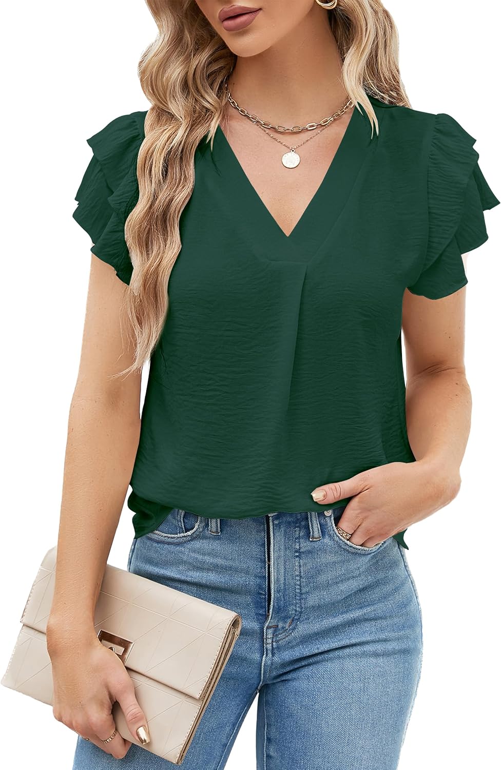Lady's Elegant Casual Shirt - Short Sleeves V-neck Design