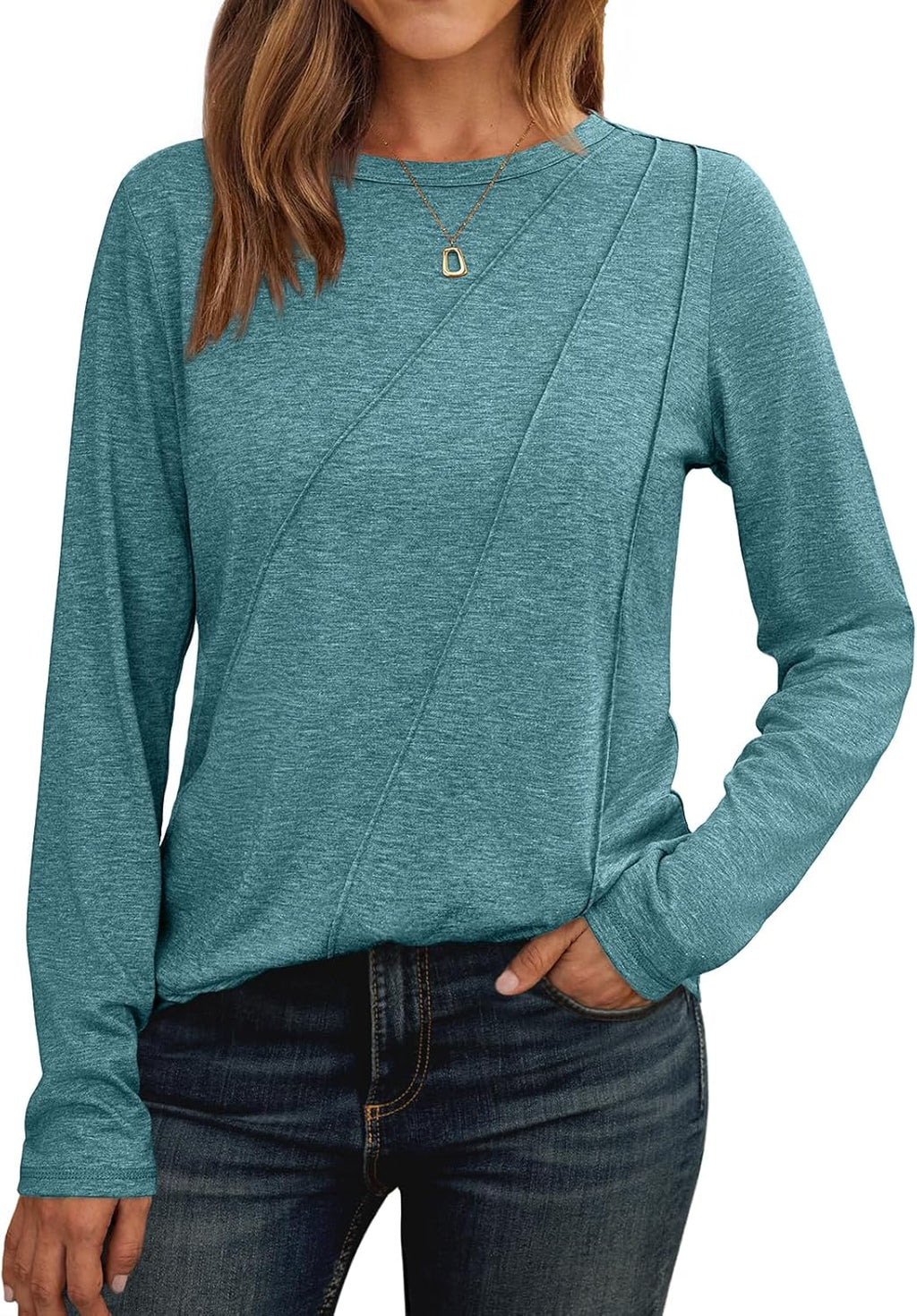 Lady's Pleated Long-sleeved Blouse - Loose-fitting Round-neck Casual Shirt