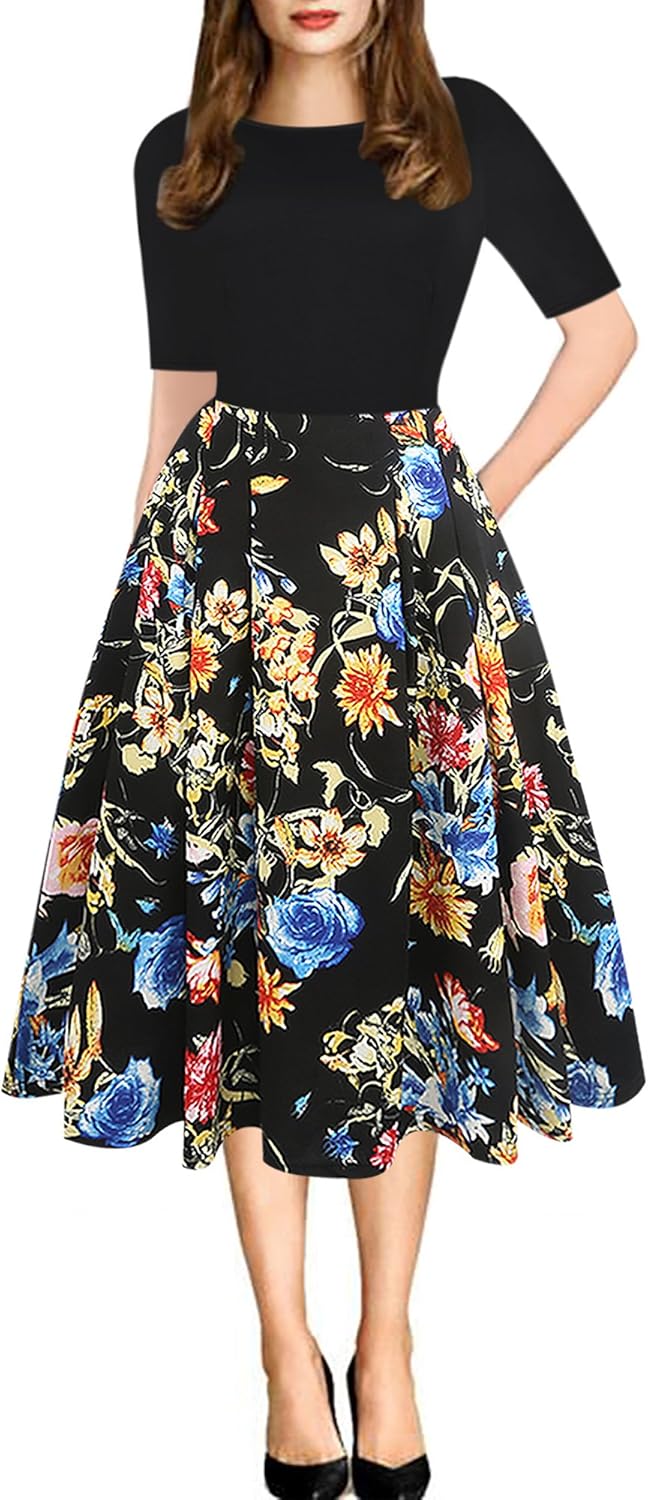 Women's Retro Patchwork Handbag Puff Skirt Casual Party Dress