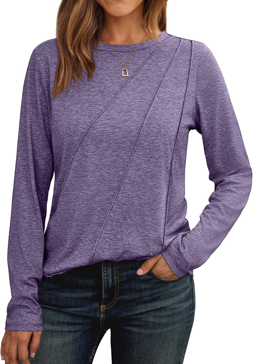 Lady's Pleated Long-sleeved Blouse - Loose-fitting Round-neck Casual Shirt
