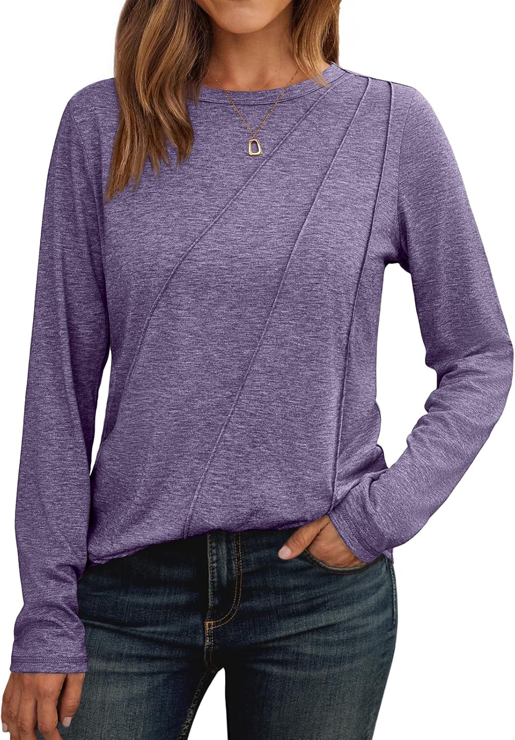 Lady's Pleated Long-sleeved Blouse - Loose-fitting Round-neck Casual Shirt