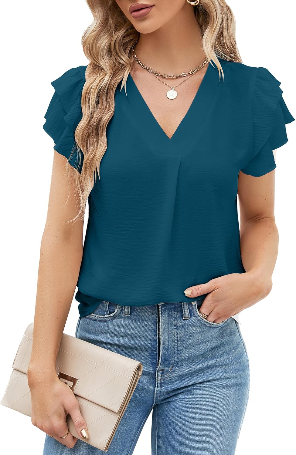 Lady's Elegant Casual Shirt - Short Sleeves V-neck Design