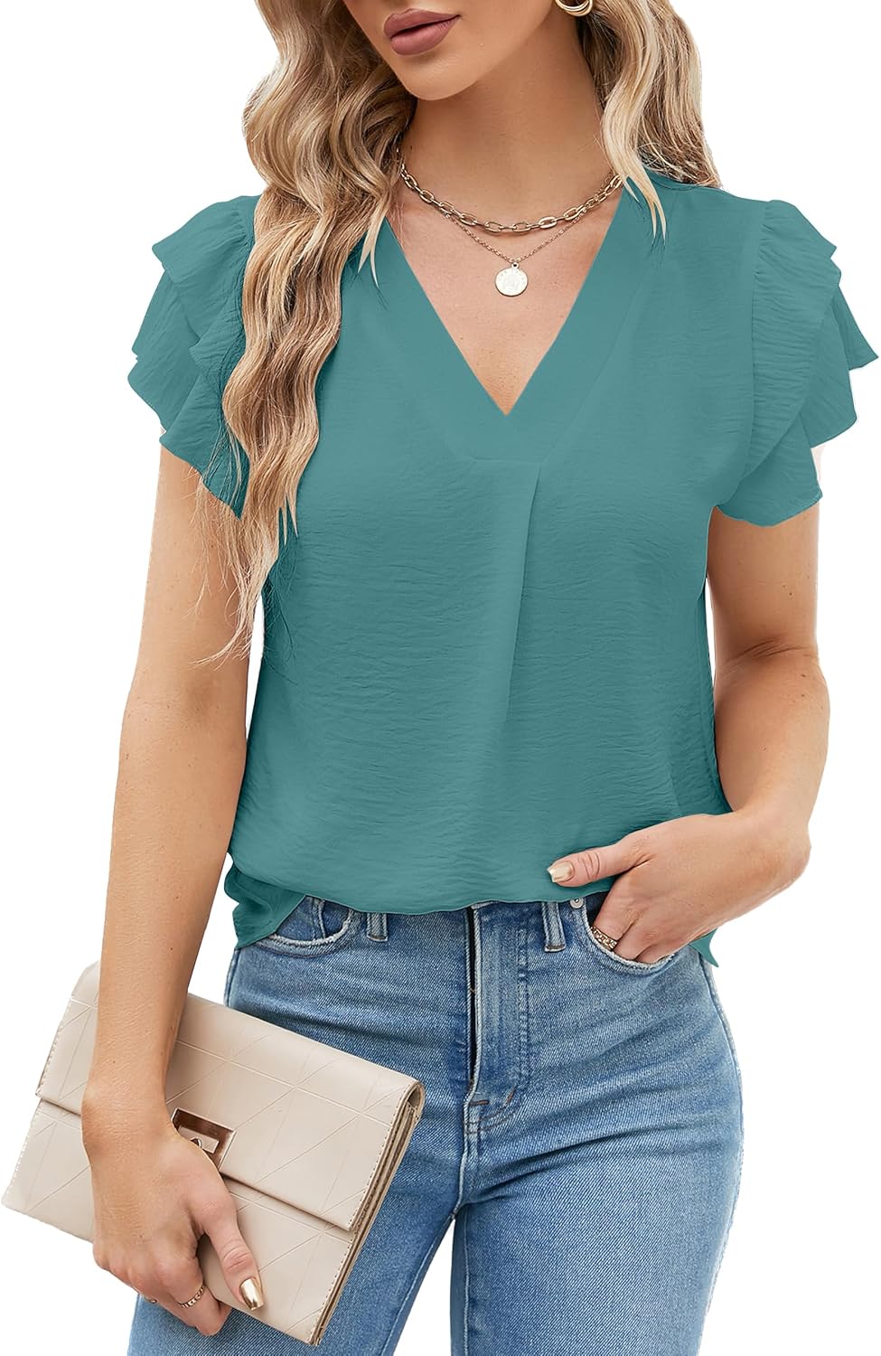 Lady's Elegant Casual Shirt - Short Sleeves V-neck Design