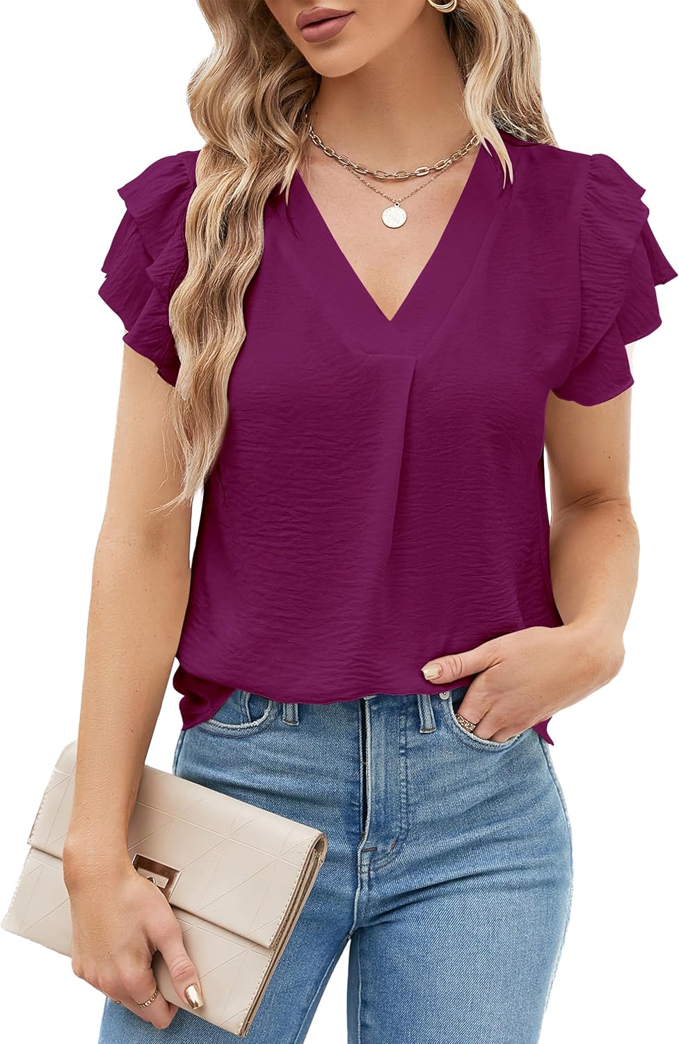 Lady's Elegant Casual Shirt - Short Sleeves V-neck Design