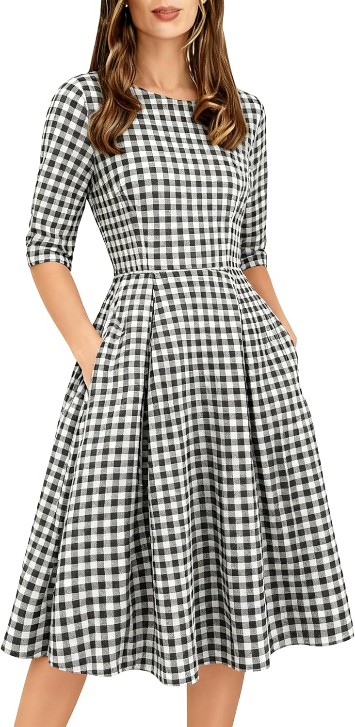Women's Retro Patchwork Handbag Puff Skirt Casual Party Dress