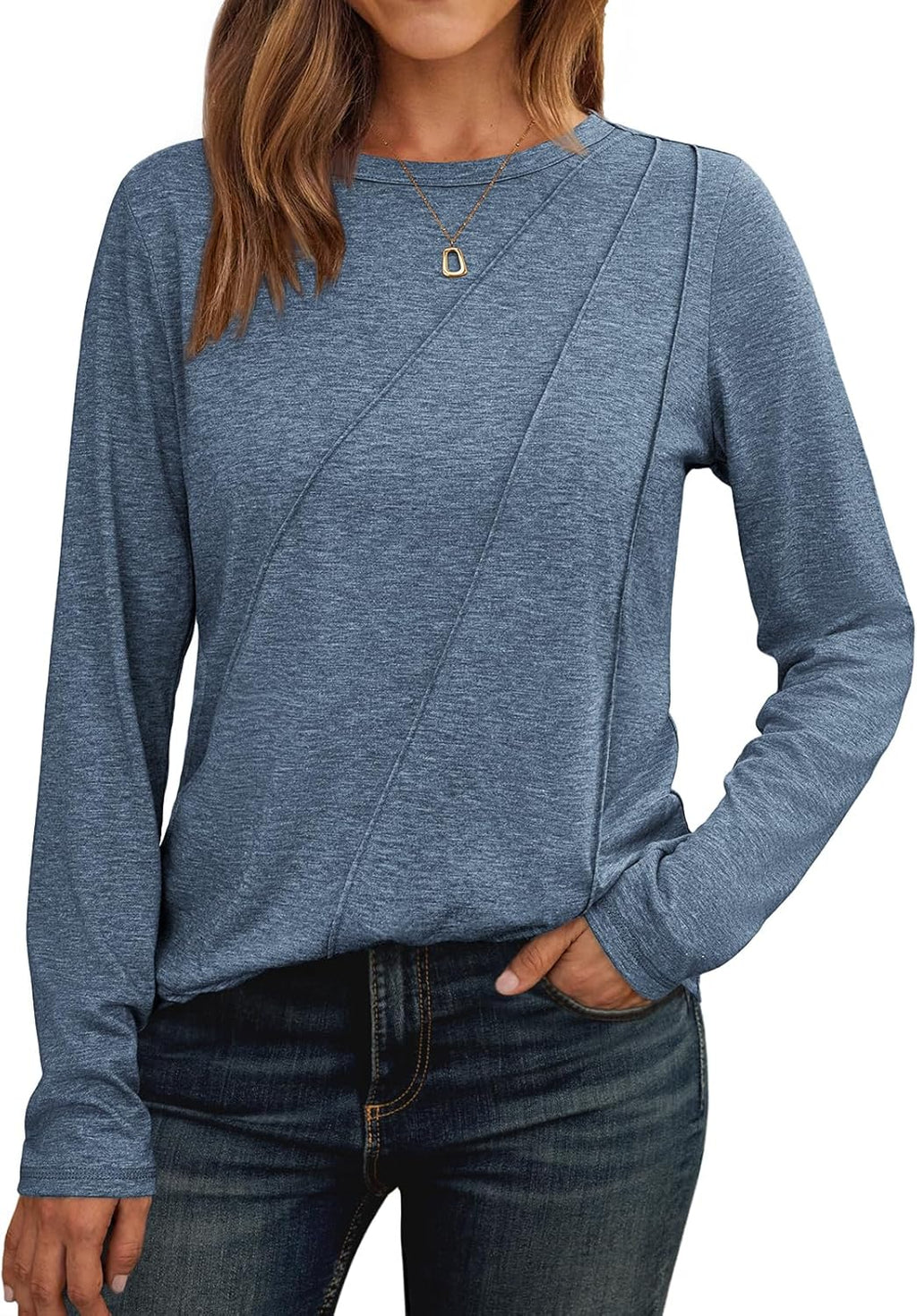 Lady's Pleated Long-sleeved Blouse - Loose-fitting Round-neck Casual Shirt