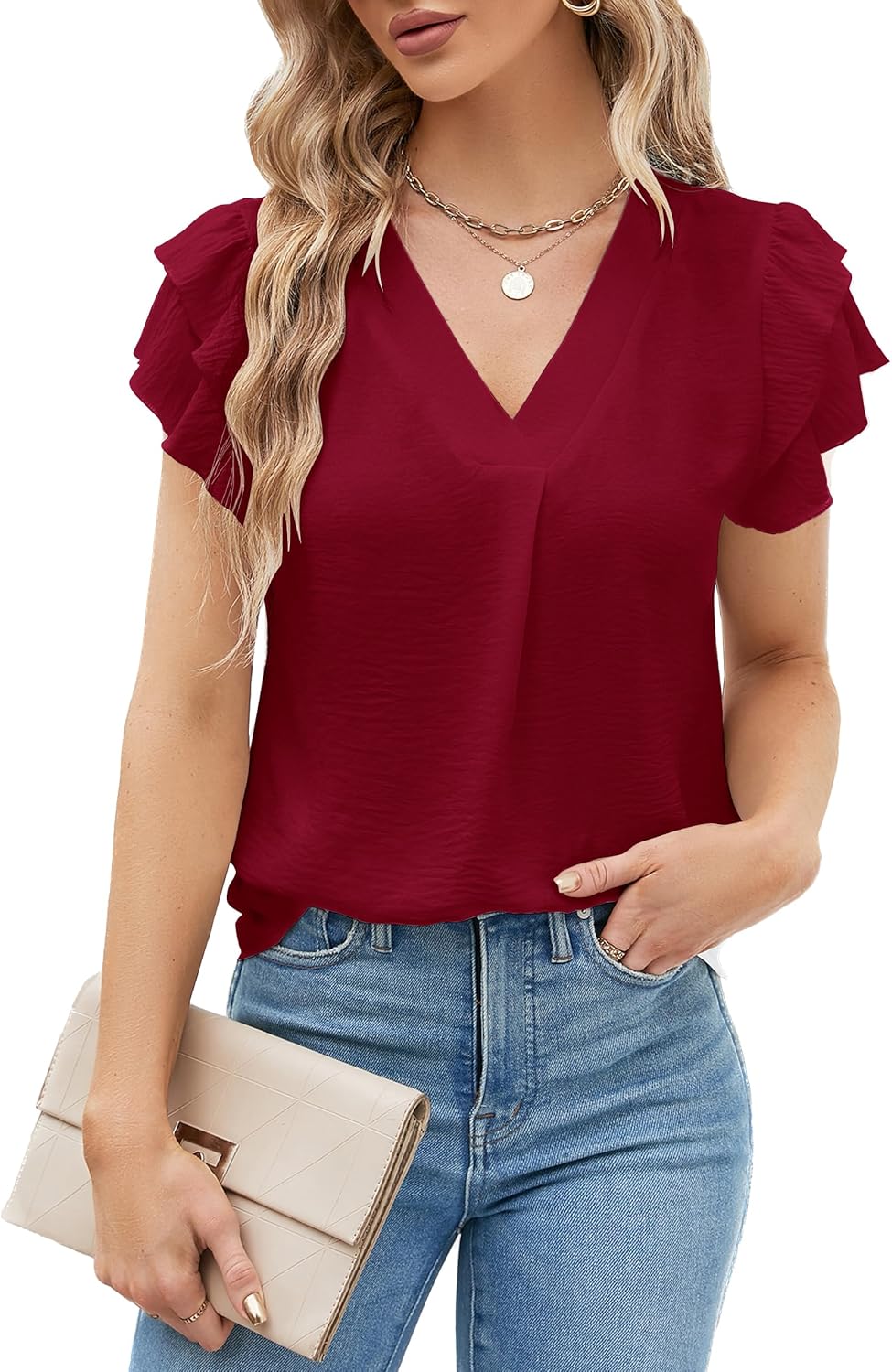 Lady's Elegant Casual Shirt - Short Sleeves V-neck Design