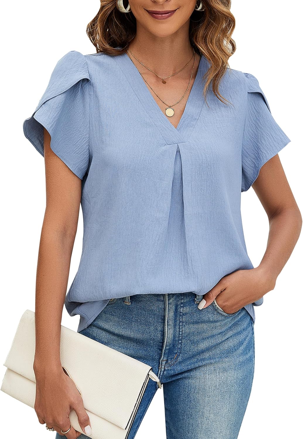 Lady's Elegant Casual Shirt - Short Sleeves V-neck Design